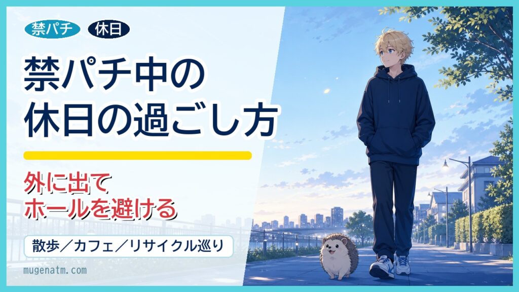 禁パチ中の休日の過ごし方。外に出てホールを避けるために散歩する男の子とハリネズミのアイキャッチ。