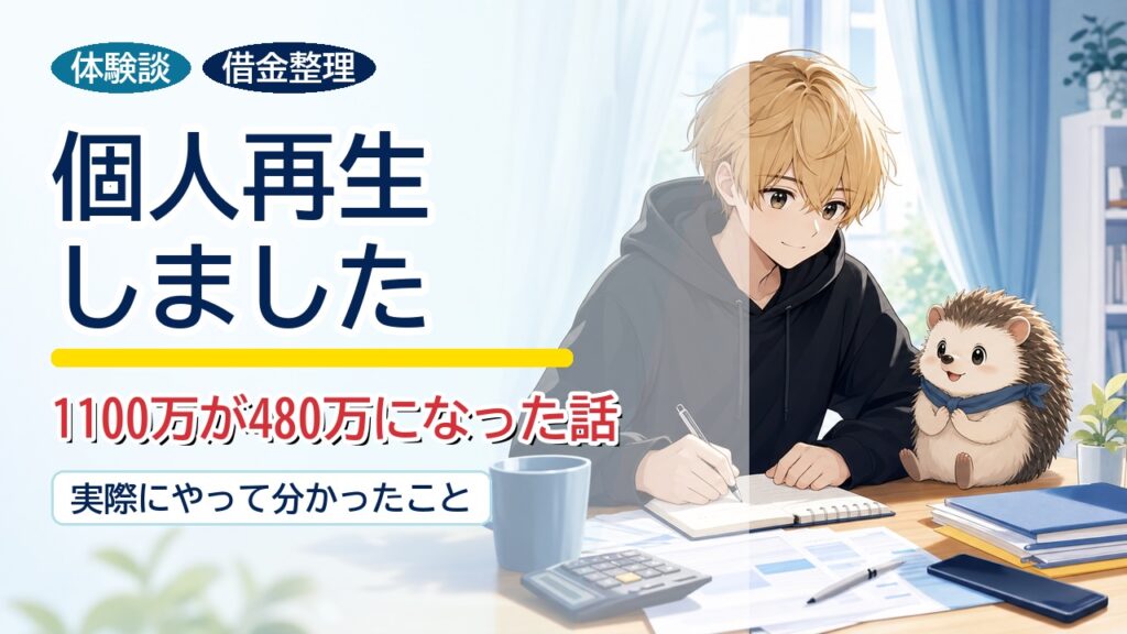個人再生をしましたという体験談を伝える、男の子とハリネズミのアイキャッチ