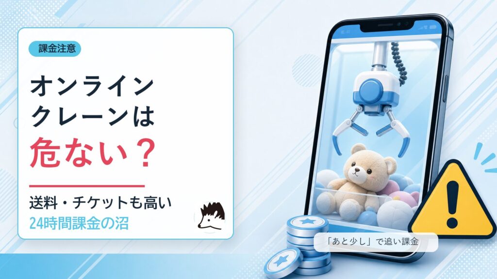 オンラインクレーンゲームは危ないと注意喚起するアイキャッチ。スマホのクレーンゲームと課金注意の警告