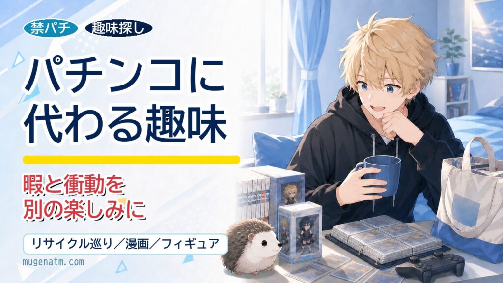 パチンコに代わる趣味のアイキャッチ。男の子とハリネズミが趣味グッズを眺めている画像